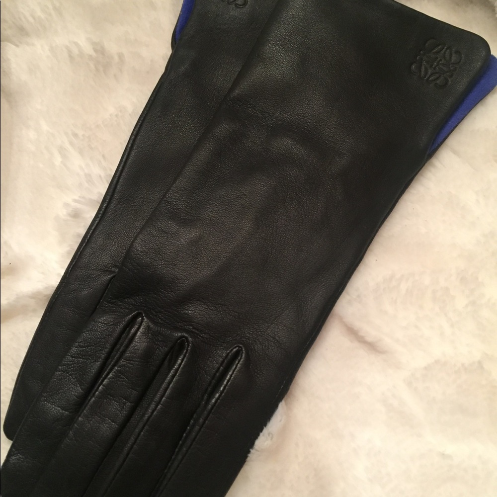 Rare Loewe Black Leather Gloves Blue Suede 7.5 - Picture 7 of 9